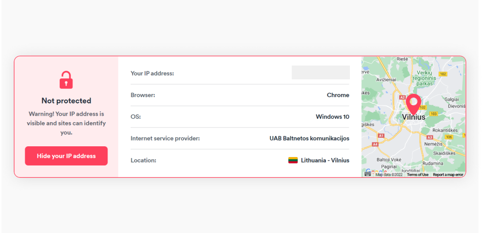 Prueba de IP que muestra una IP sin protección, tipo de navegador, sistema operativo, ISP y ubicación aproximada