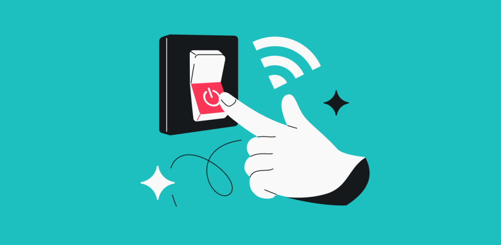 A stylized hand flipping a red and white power switch, surrounded by a WiFi icon, squiggles, and decorative stars.