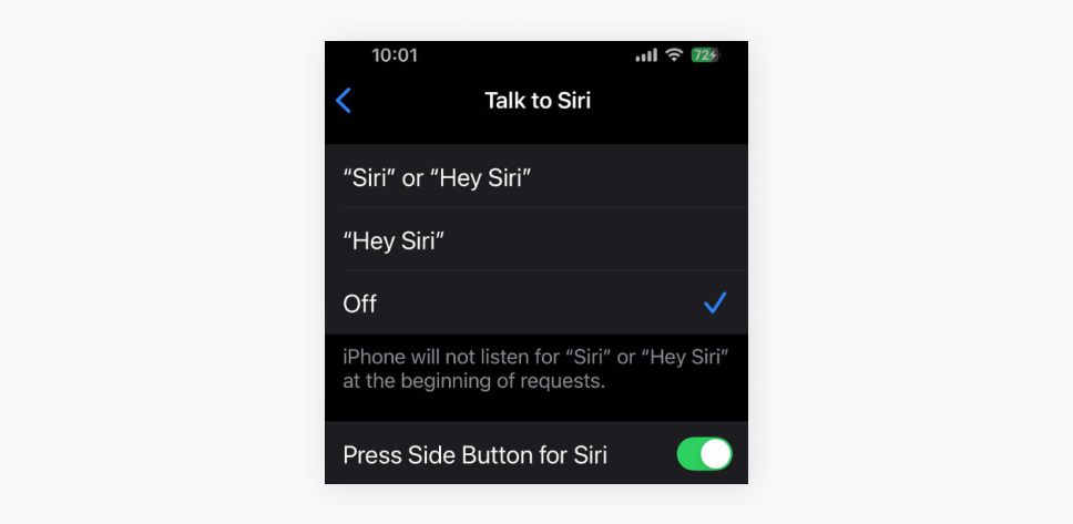 Screenshot of an iPhone settings screen titled Talk to Siri with a blue checkmark next to the Off option.
