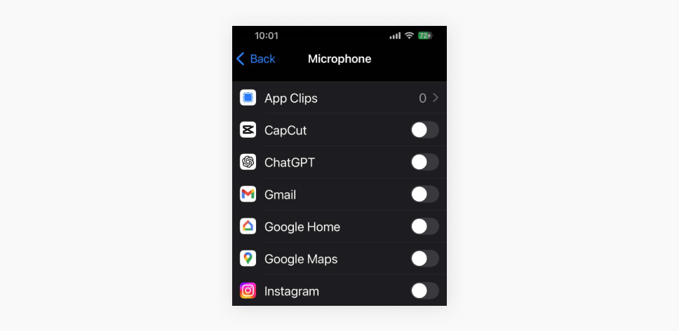 Screenshot of an iPhone settings screen titled Microphone showing a list of apps with microphone access toggles switched off.
