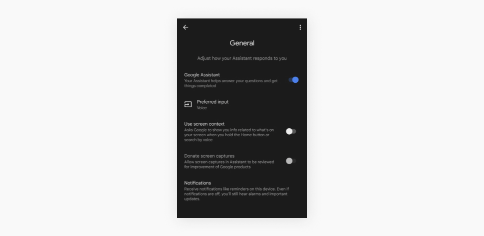 Screenshot of a Google Assistant general settings screen on an Android device with the Google Assistant toggle turned on.
