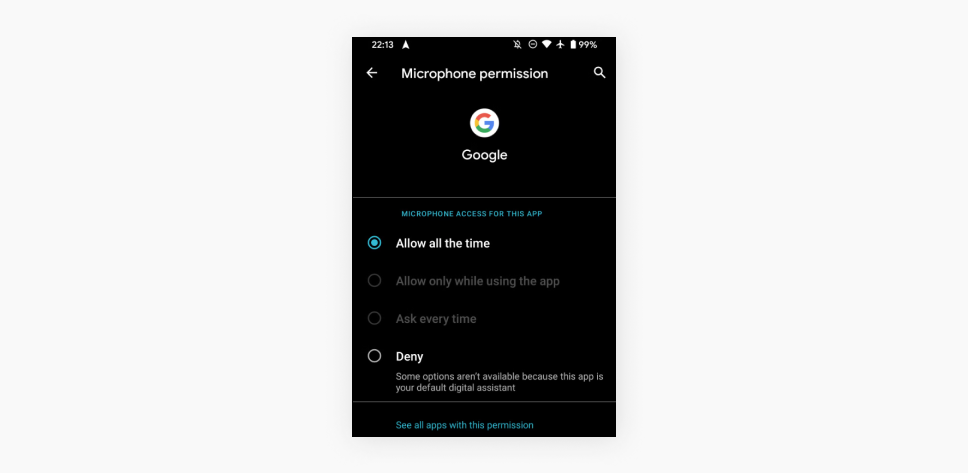 Screenshot showing the Microphone permission settings for an Android devices Google app with Allow all the time selected.
