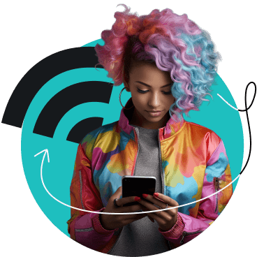  Femme avec cheveux colorés utilisant un smartphone, icône Wi-Fi, fond turquoise.