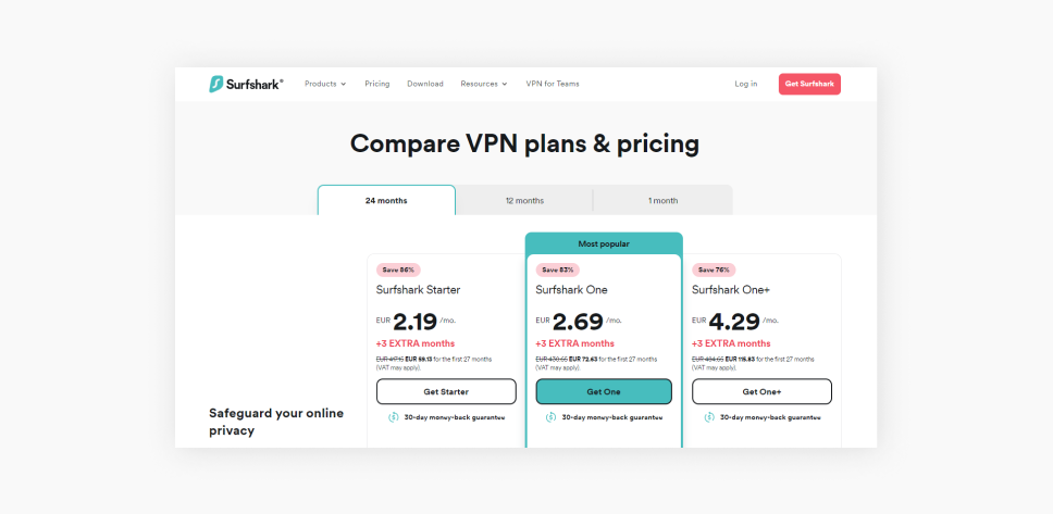 Une capture d'écran de la page de tarification de Surfshark