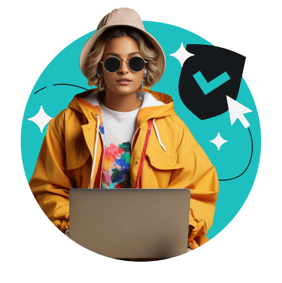 A woman with shades and a bucket hat holding a laptop. A shield with a check mark on her right.