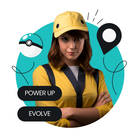Eine Frau in einem gelben Outfit, die Worte „POWER UP“ und „EVOLVE“ in der unteren linken Ecke und einen Pokéball im Hintergrund.