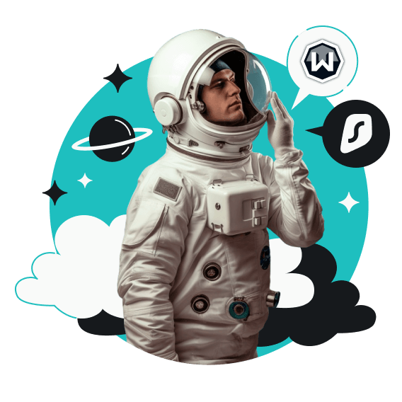 A person wearing an astronaut costume is standing against a backdrop with two speech bubbles above. One shows the Windscribe logo, and the other shows Surfshark’s.