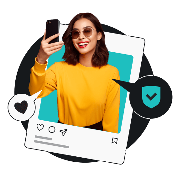 a woman is taking a selfie inside of an Instagram post, and a shield and a heart hover next to her