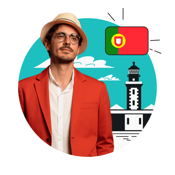 A man in an orange suit with a hat and glasses on in front of a stylized version of the Cabo da Roca lighthouse with the Portuguese flag above it.