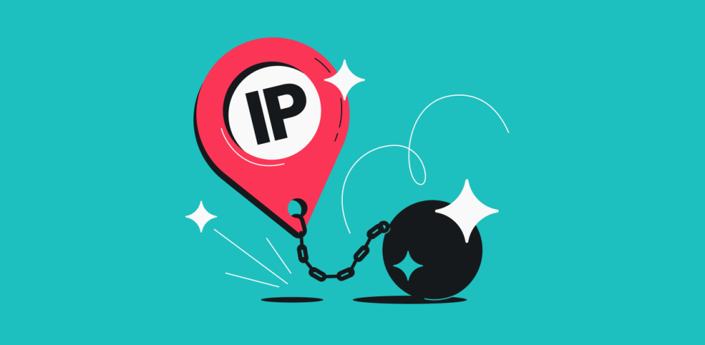 A ball and chain tied to a geolocation icon that reads IP