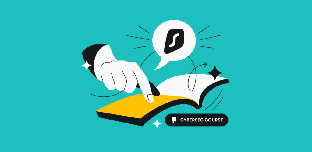 A hand pointing to a book, with a Surfshark logo speech bubble above it; and a text box with “CYBERSEC COURSE" below it