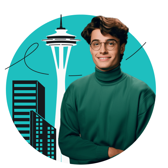 A smiling person in glasses and a green turtleneck with the Seattle Space Needle and city buildings in the background.