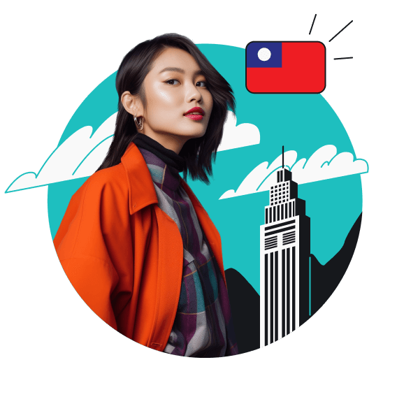 A person standing in front of the Taipei 101 tower with Taiwan's flag above it.