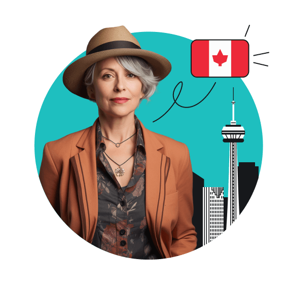 An elegant lady with Torontos skyline in the back and the Canadian flag above it.