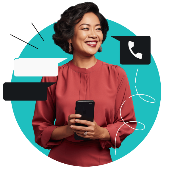 A smiling woman holds a smartphone. Three speech bubbles hover around her, one of them with a phone handset symbol.