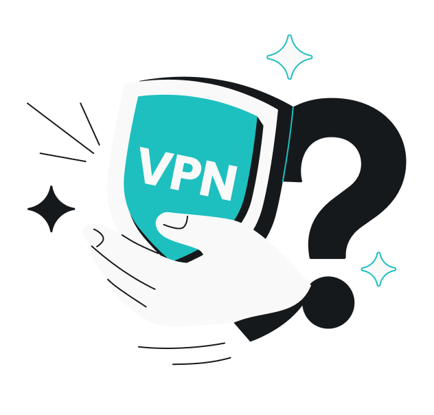一隻手握著盾牌，上面顯示著「VPN」的文字，旁邊有一個問號、星星和動作線，背景是青色的。