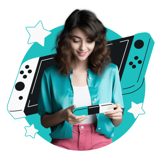 Uma mulher sorridente está olhando para um Nintendo Switch em suas mãos. Um grande Nintendo Switch está atrás e estrelas estão ao redor da mulher.