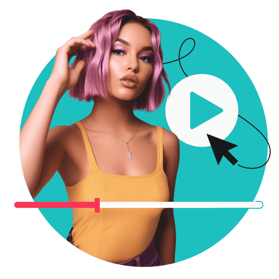Uma mulher estilosa com cabelo lilás está ao lado do ícone de play do YouTube e do cursor.