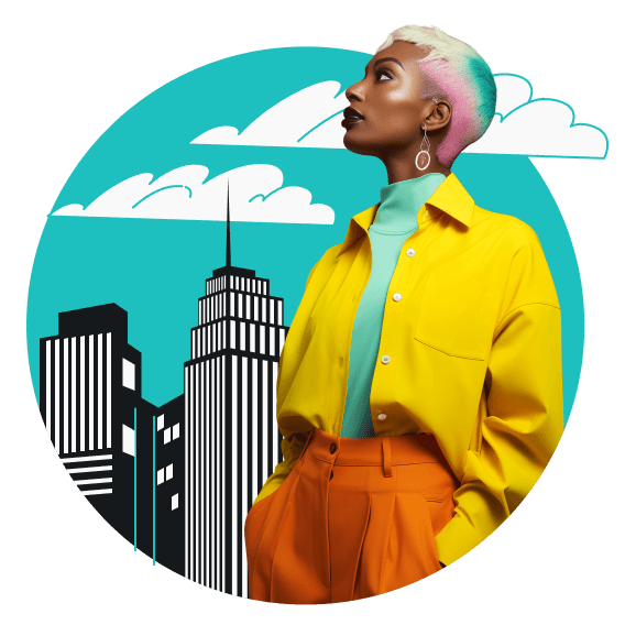 A woman in a yellow jacket, a green turtleneck, and yellow pants stands with Atlanta’s cityscape in the background.