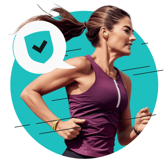 A woman with a ponytail in a purple tank top is running. A speech bubble with a shield and a checkmark on her right.