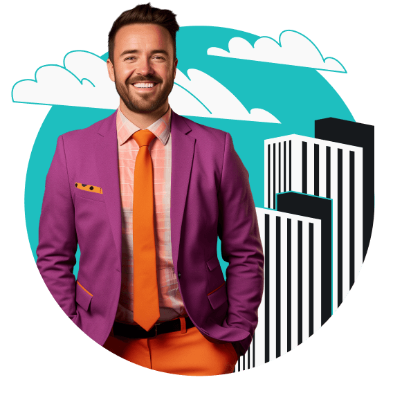 A smiling man in a purple jacket and orange tie standing in front of skyscrapers.