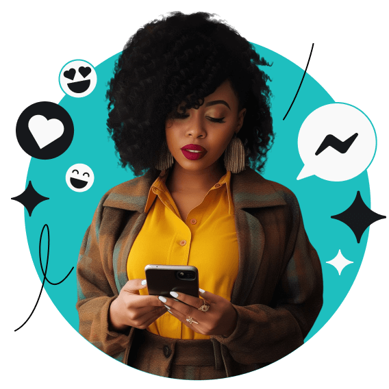 A woman looking down at her phone, surrounded by Messenger emojis and logo.