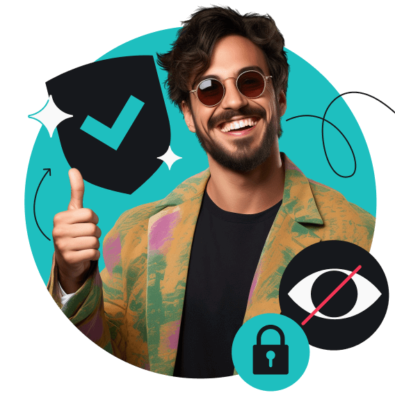 A man in sunglasses and a colorful jacket giving a thumbs-up, surrounded by shield, crossed eye, and lock icons.