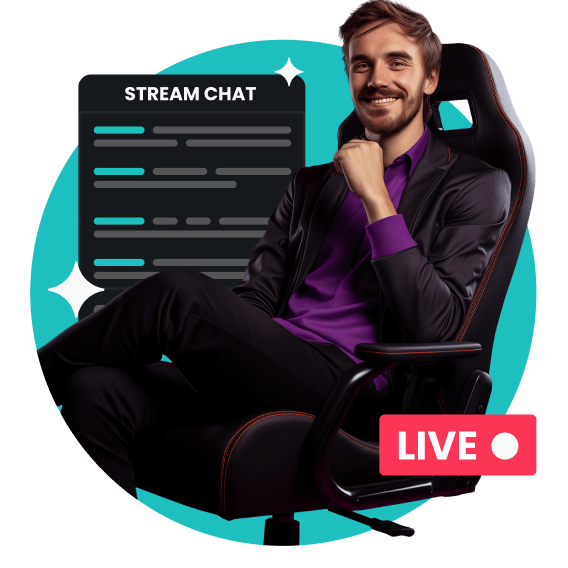 Ein Mann sitzt auf einem Gaming-Stuhl mit einem LIVE-Schild vor ihm und einem Chat-Fenster im Hintergrund.