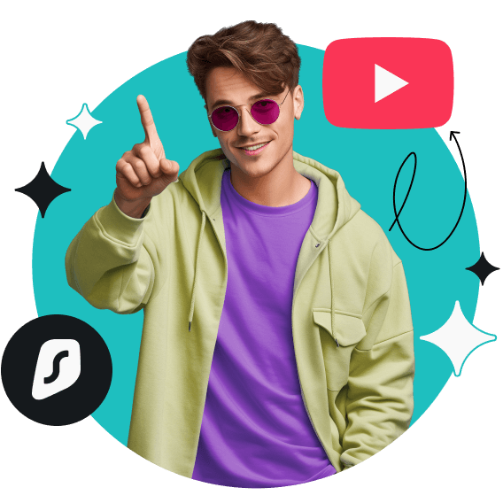 A man in a lime jacket with a purple shirt and pink shades points up. YouTube and Surfshark icons float nearby.