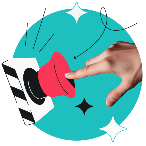 Een hand die met zijn wijsvinger op een grote rode knop drukt, omgeven door sterren op de achtergrond.