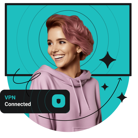 Uma mulher sorridente com cabelo rosa e moletom rosa, com uma tela de TV atrás dela e uma aba de VPN Conectado à frente dela.