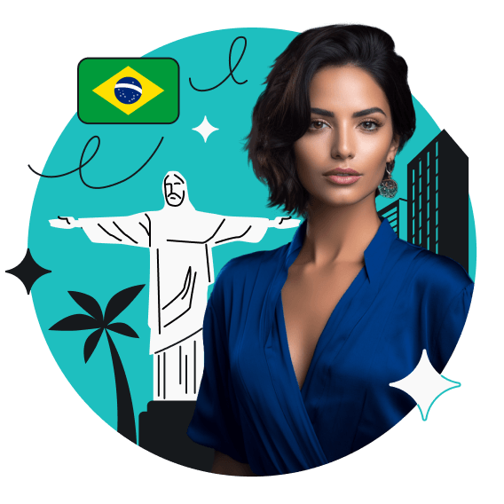 Eine Frau steht vor der Christus-Erlöser-Statue, neben einer Palme, Hochhäusern und der brasilianischen Flagge.