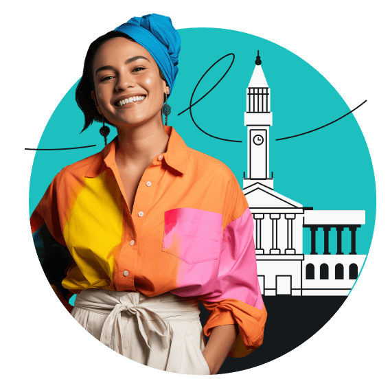 A smiling woman in a blue headscarf and orange shirt with Brisbane’s City Hall behind her.