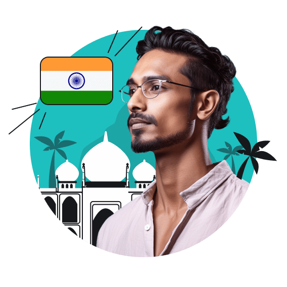 A man in glasses and a pink shirt with the Taj Mahal, palm trees, and an Indian flag in the background.
