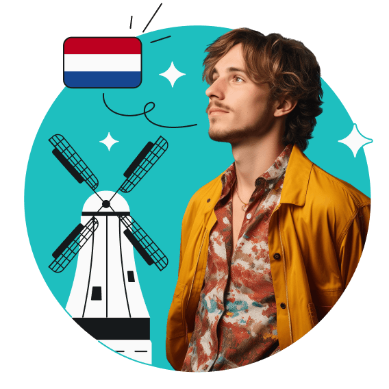 A man in a yellow jacket and a multicolored shirt looking at a Dutch flag with a Kinderdijk windmill underneath.