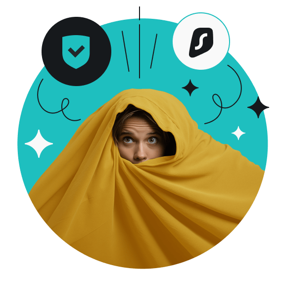 A person hiding under a blanket. A Surfshark logo and a shield with a checkmark are in the background.