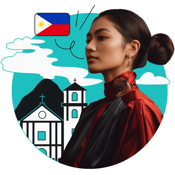 A Philippine flag floating next to a woman in a red shirt. A mountain and a church in the background.