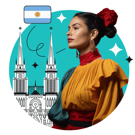 A woman in a traditional Argentinian dress with Argentina’s flag floating above and Catedral de La Plata behind her
