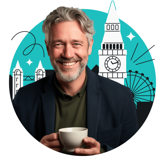 A white-haired man smiling and holding a cup with the Tower Bridge, Big Ben, and the London Eye in the background.