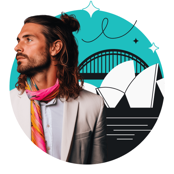 A man wearing a colorful scarf standing with the Sydney Opera House and the Sydney Harbour Bridge in the background.