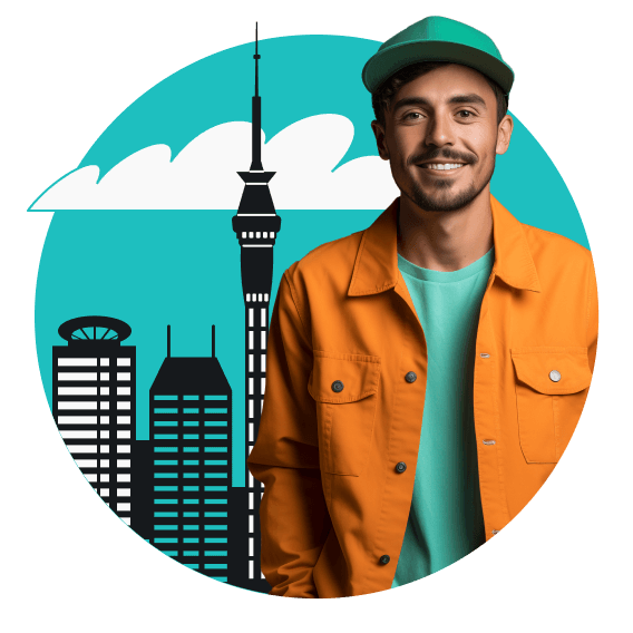 A smiling man in an orange jacket and a green full cap with the Auckland city skyline behind him.