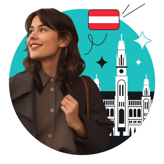 Een glimlachende vrouw met bruin haar in een bruin shirt en jas voor het stadhuis van Wenen. Vlakbij hangt de Oostenrijkse vlag.