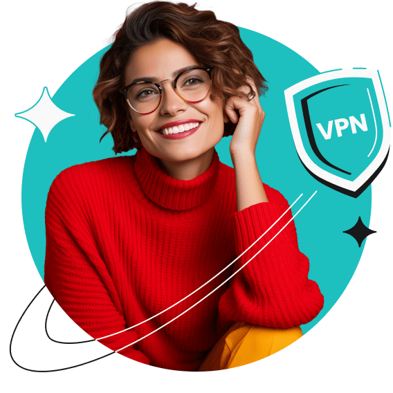 Wavy-haired smiling woman with glasses in a red sweater with a VPN shield swooshing past. 