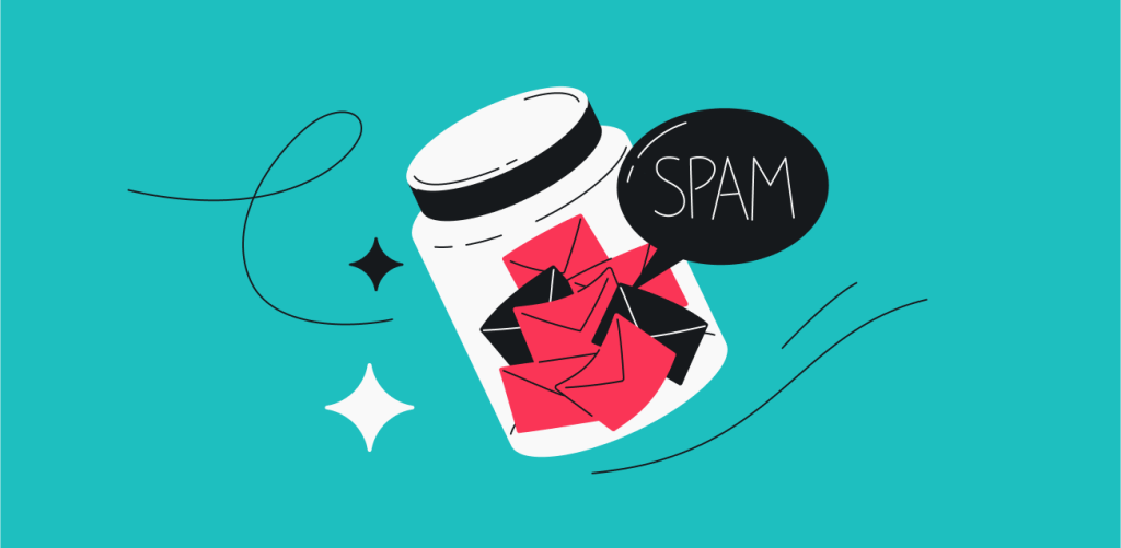 A glass jar full of paper letters with a speech bubble labeled as Spam emerging from it.