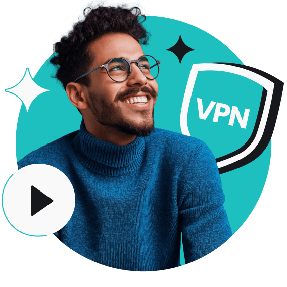 Ein lächelnder Mann, der nach links blickt, mit einem Schild hinter sich, auf dem VPN steht, und einem Play-Button vorne.