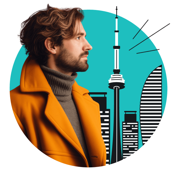 Brown-haired man with a beard in a grey sweater and orange coat in front of the Toronto skyline featuring the CN tower.