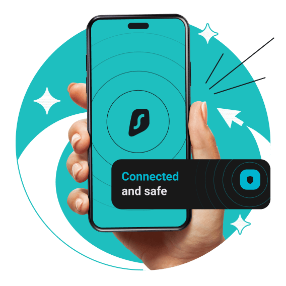 A hand holding a smartphone with the Surfshark logo on the screen; a sign in front of it says connected and safe.