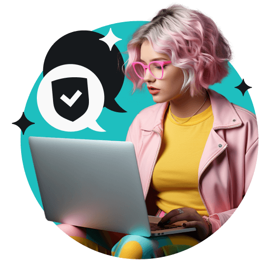 Mulher de cabelo rosa segurando um laptop e um balão de fala acima com um escudo e uma marca de verificação nele.