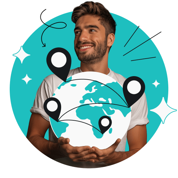 A man holding a globe with location pins on it.