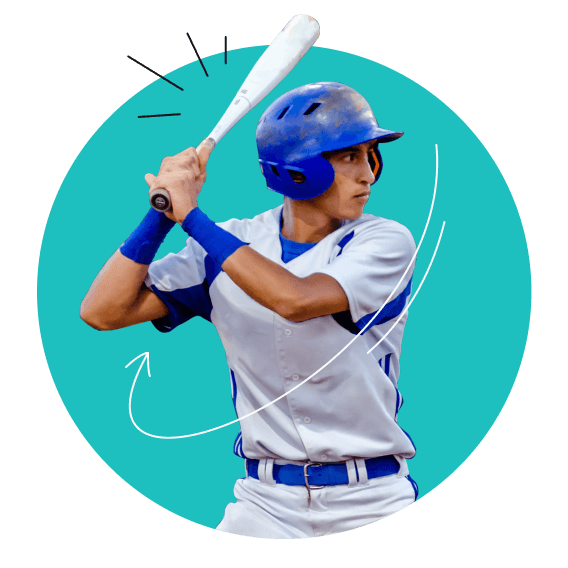 A man in a baseball uniform and a blue helmet swinging a baseball bat.